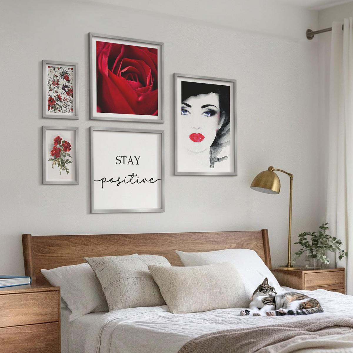 WANDBILDER 5er Set - 50x50 cm & 20x30 cm & 40x60 cm Silberner Rahmen - Inschrift mit roten Rosen - Silberfarben, Kunststoff (40/60cm) - ArtPrintCave