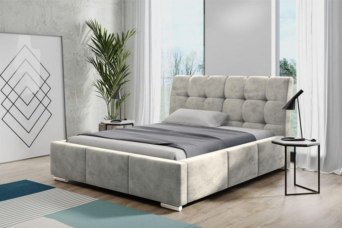 POLSTERBETT BARI mit Kopfteil, 180 x 200 cm, Doppelbett mit Bettkasten und Lattenrost aus Metall, Velourstoff, Frabe: Beige - Beige, Holz/Kunststoff (180/200cm) - Agmat-Furniture