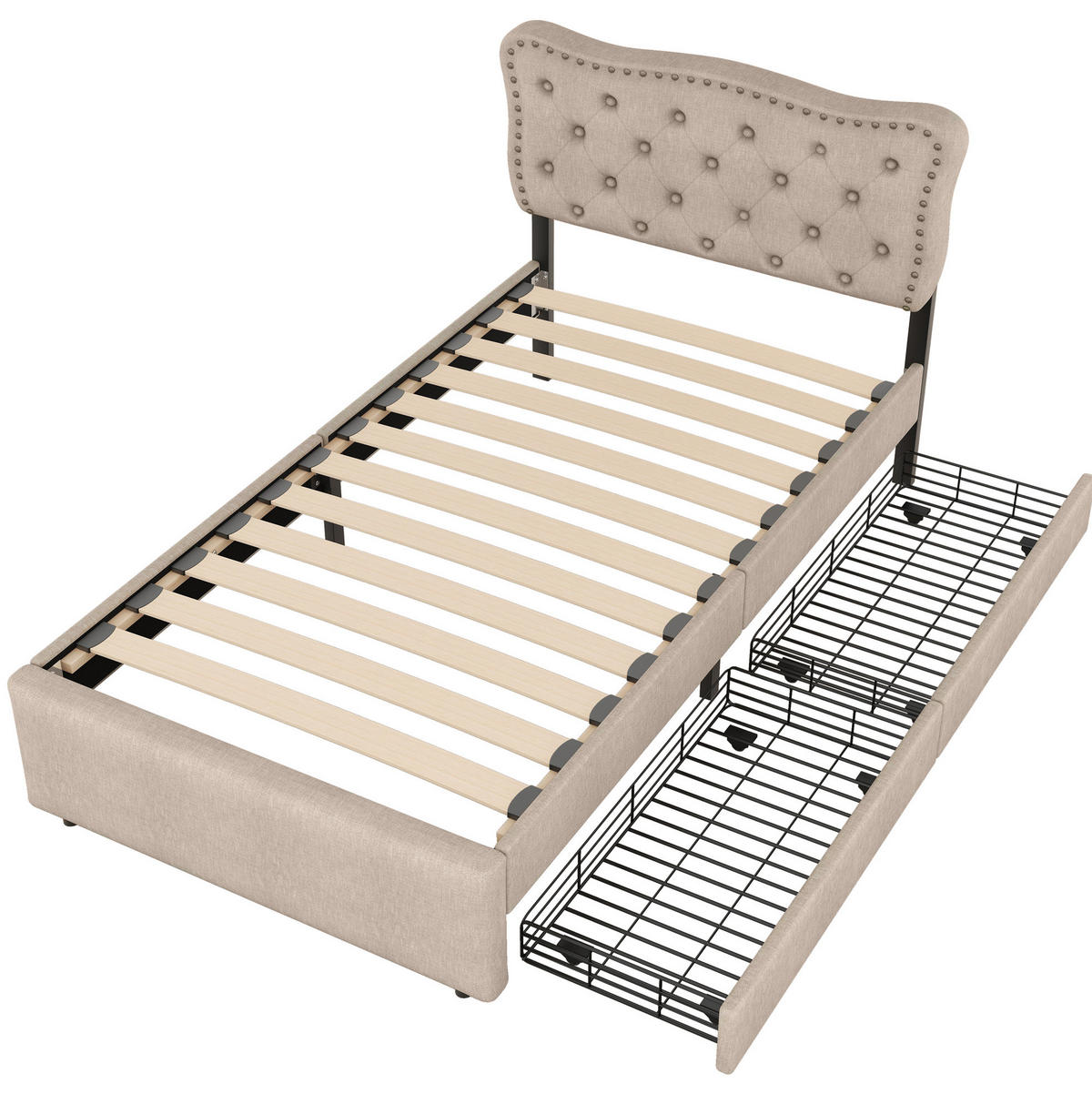 POLSTERBETT 90/200 cm aus Leinen und MDF mit 2 Schubladen und verstellbarem Kopfteil, Dunkelbeige - Beige, Holzwerkstoff (90/200cm) - Redom