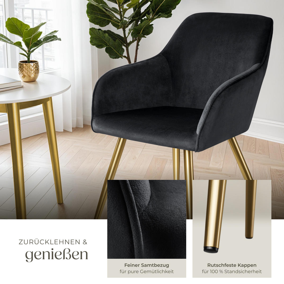 ESSZIMMERSTUHL 2er Set Marilyn 58 x 62 x 82 cm schwarz/gold - Goldfarben/Schwarz, Textil (58/82/62cm) - tectake