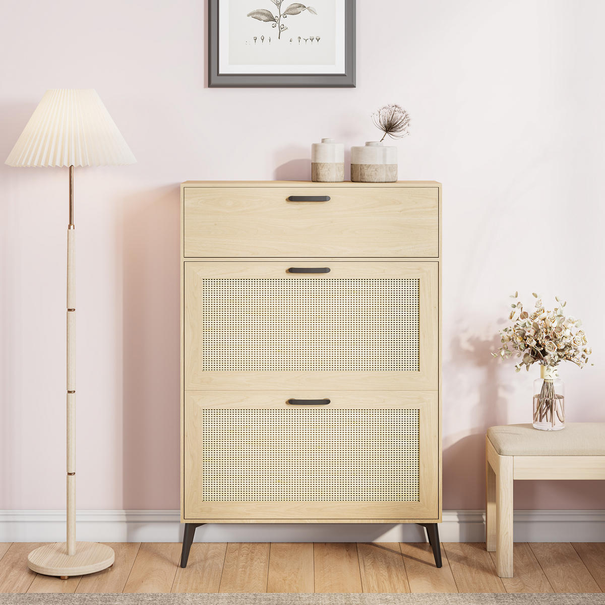 SCHUHSCHRANK Rattan Holz 80x23x114 cm Stauraum - Naturfarben, Holz (24/114/80cm) - LEBENLANG