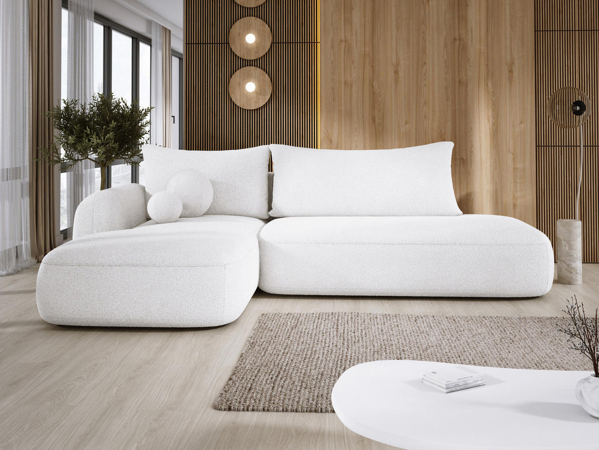 ECKSOFA BABU Mit Bettfunktion – Moderne Polsterecke Für Wohnzimmer Funktionales Schlafsofa Im Stoff NOW OR NEVER, 300x105x60cm, Linke, WEISS - Weiß, Holz/Textil (190/300cm) - DomoHome