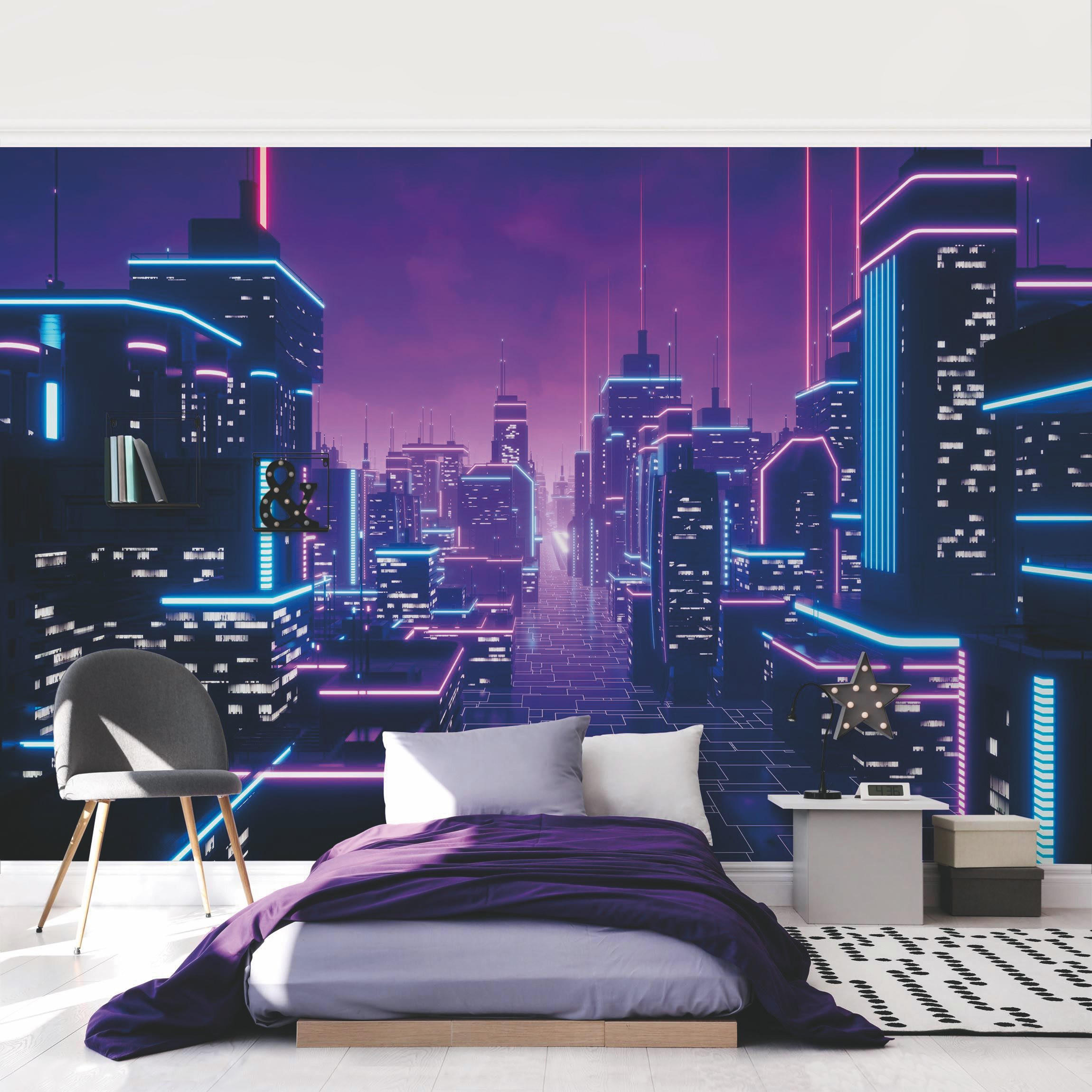 FOTOTAPETE Neon Stadtlichter 288/190 cm - Violett, Papier (288/190cm) - Bilderwelten