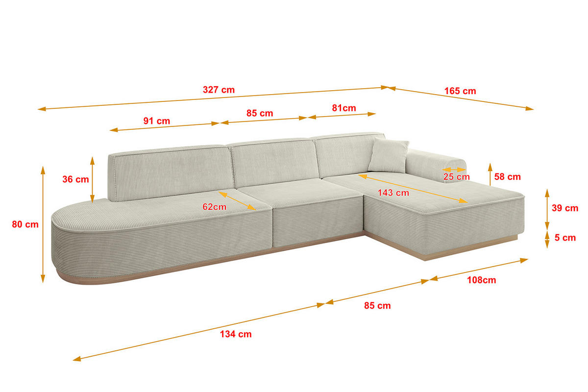 ECKSOFA Ottomane Rechts IREA-L2 - 327x165x80 cm Creme - Ecru/Creme, Holzwerkstoff/Textil (327/165cm) - ALTDECOR
