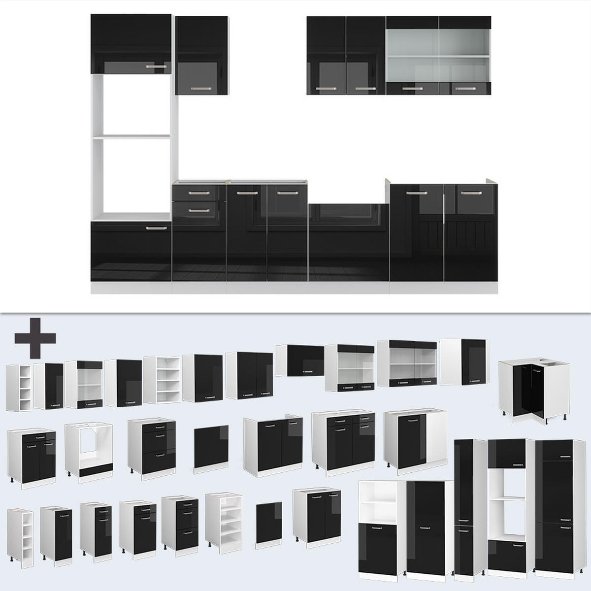 KÜCHENZEILE R-Line Schwarz Hochglanz/Weiß 300 cm mit Hochschrank AP Eiche - Schwarz Hochglanz/Weiß, Holzwerkstoff (300/81.6/60cm) - Vicco