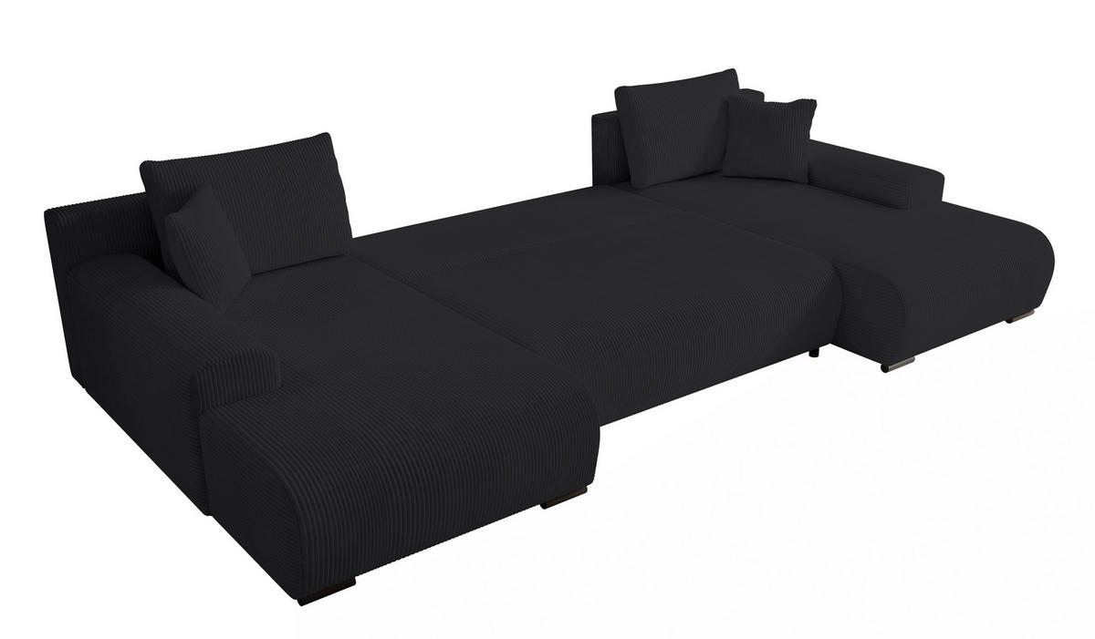 WOHNLANDSCHAFT Nelly U mit Bettkasten und Schlaffunktion, Cordstoff in U-Form - Schwarz, Textil (349/80/185cm)