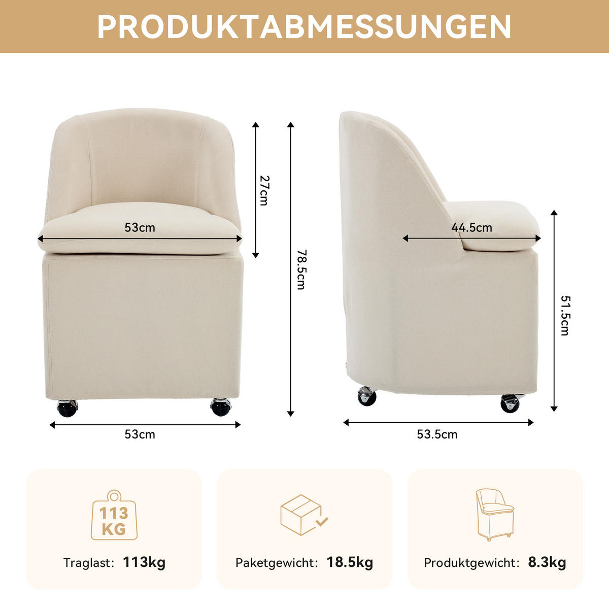 POLSTERSTUHL DE-36250 2er-Set mit Universalrollen Beige - Beige, Metall (53/78.5/53.5cm) - ComfortXL