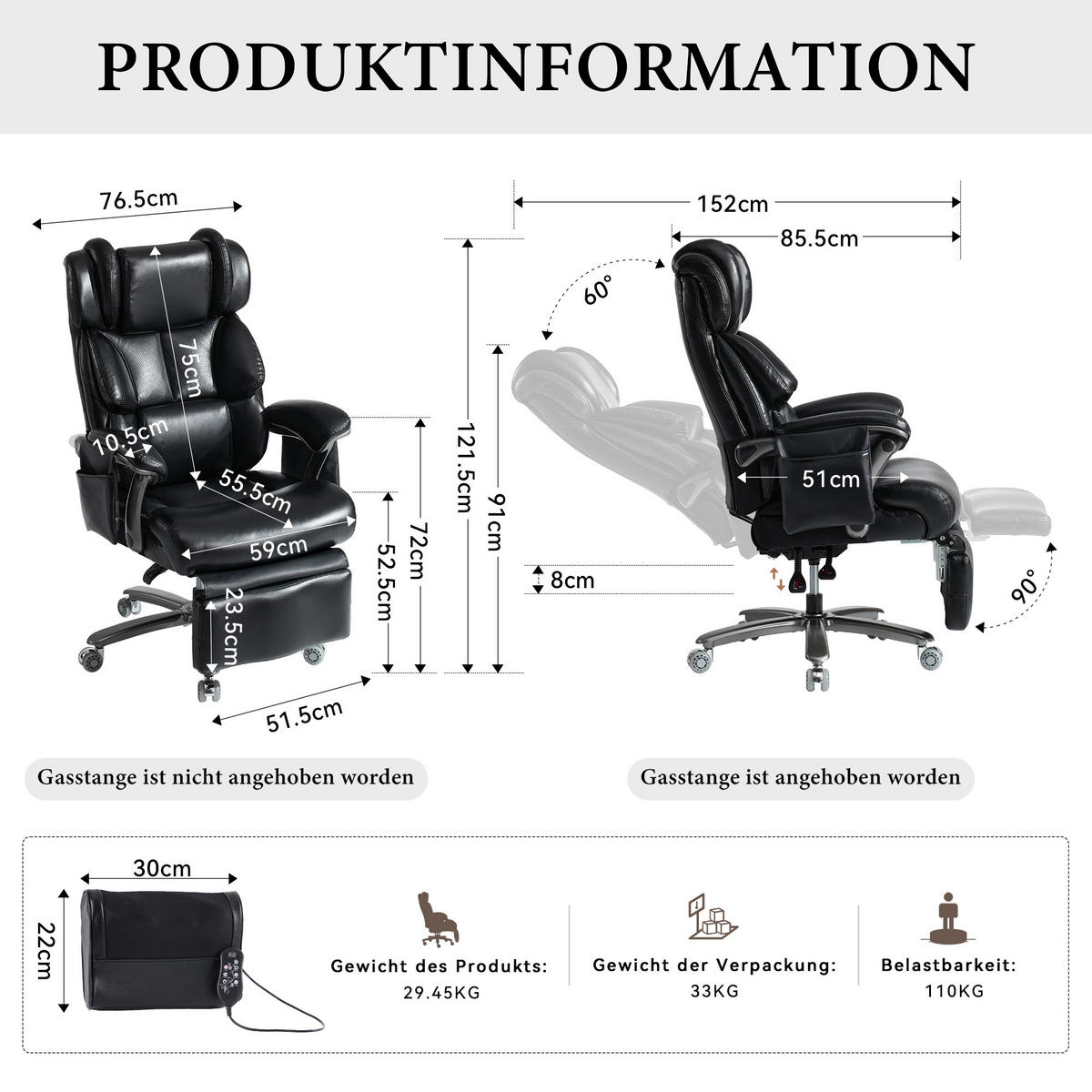 CHEFSESSEL DE-40960 mit Massage- und Heizfunktion neigbar bis 150° Schwarz - Schwarz, Metall (85.5/121.5/76.5cm) - ComfortXL