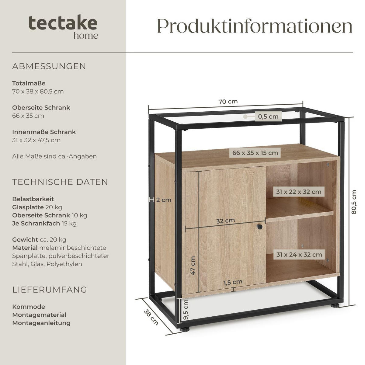 KOMMODE Conventry, 70 x 38 x 80,5 cm, Industrial Holz hell, Eiche Sonoma - Naturfarben, Holzwerkstoff (70/38/80.5cm) - tectake