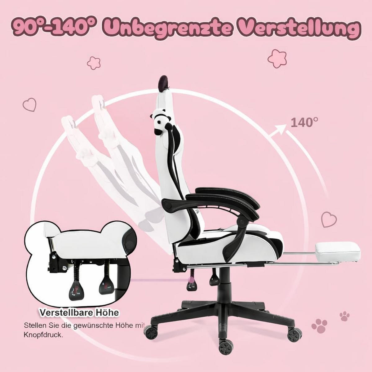GAMING Stuhl & Lendenwirbelstütze/Hoher Rückenlehne/Fußstütze PU-Leder - Weiß Hochglanz, Leder (72/118/72cm)
