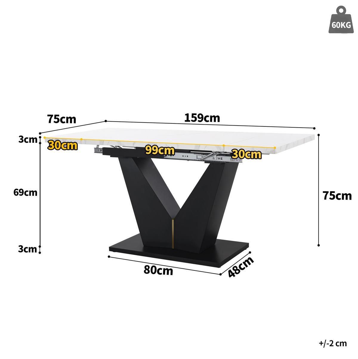 ESSTISCH 99-159/75/75 cm Weiß/Schwarz aus MDF und Metall mit Ausziehfunktion - Weiß, Holzwerkstoff (99/75/75cm) - OKMYHOME