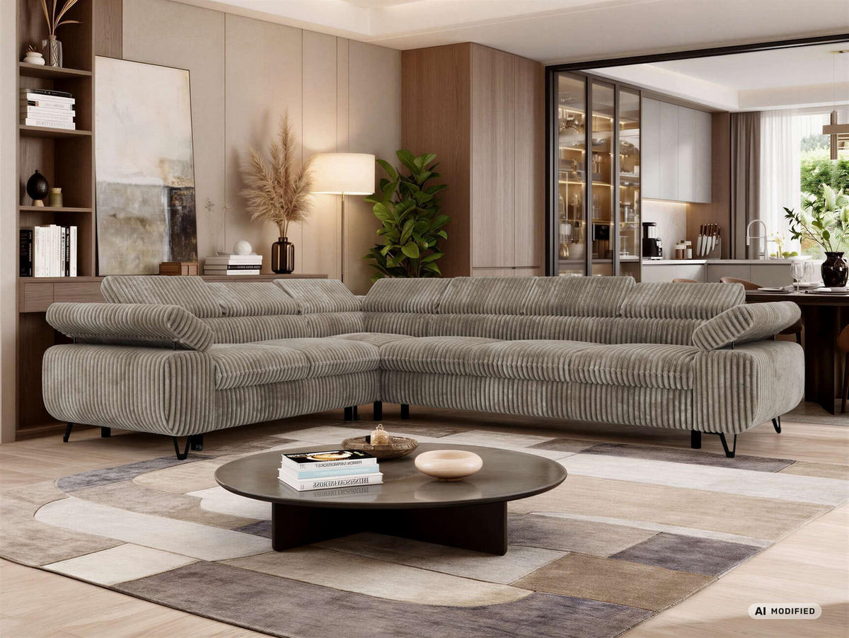 ECKSOFA NORDEN L - Hellbraun Cord - Rechts Seite - Hellbraun/Schwarz, Textil/Metall (329/269cm) - MKS