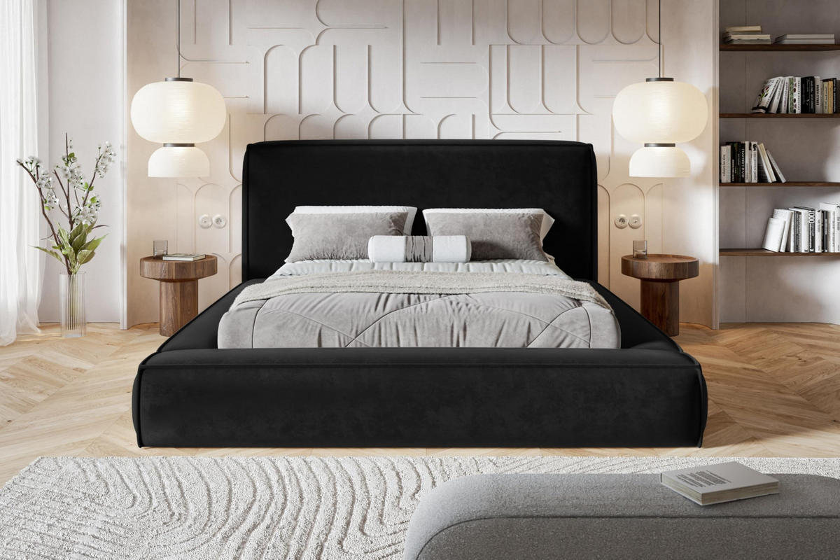 BETT 180x200 - Polsterbett mit Bettkasten und Holzrahmen - Modern Bett - Eleganter Amor-Velvet-Stoff - Kollektion Luna Maxi - Schwarz - Schwarz, Holz/Textil (180/200cm) - Alpi-Möbel