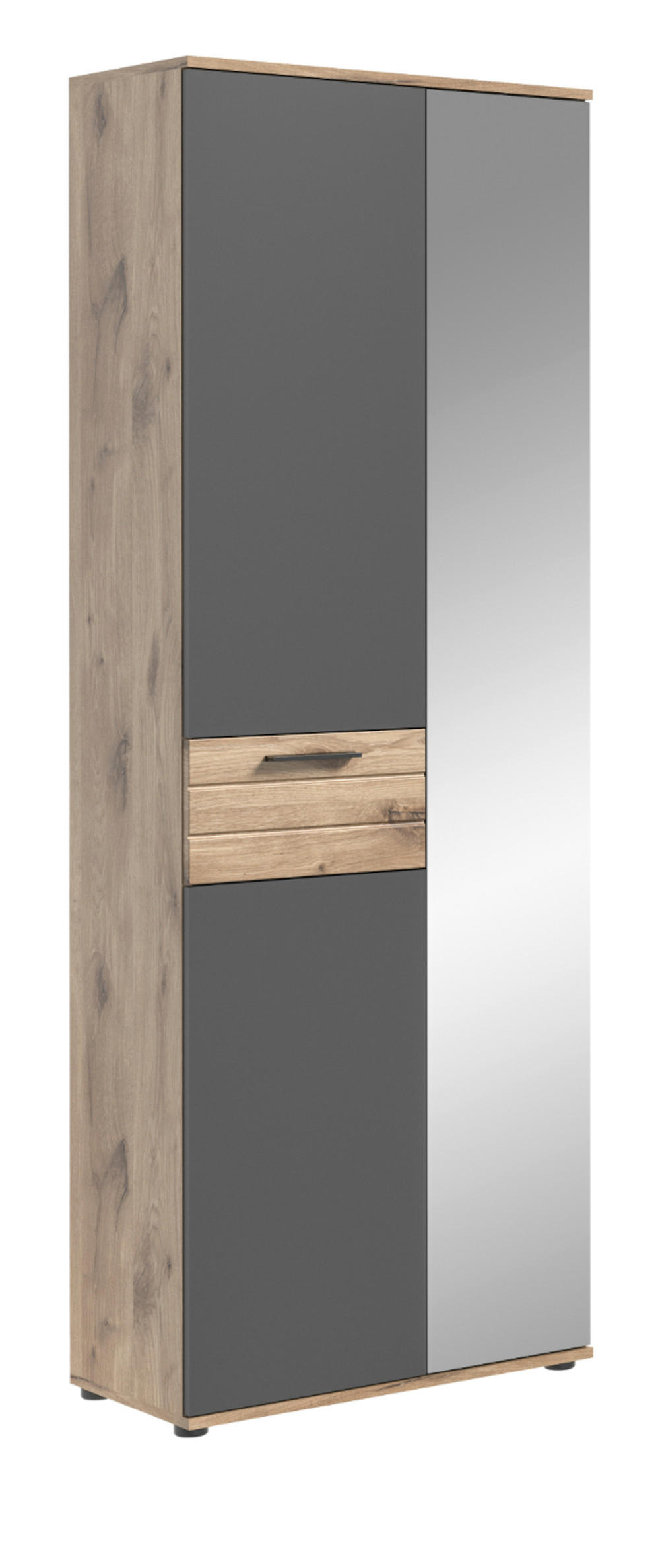 GARDEROBENSCHRANK Eiche, grau 70/200 cm mit Spiegel - Eichefarben/Schwarz, Glas/Holzwerkstoff (70/200/37cm) - Inn.Furn
