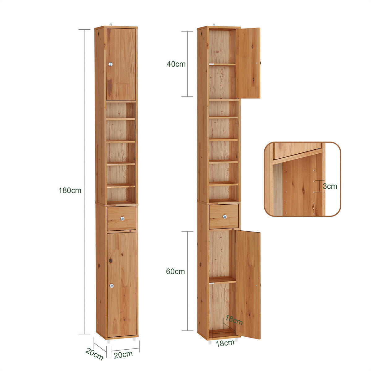HOCHSCHRANK schmal Natur - Braun, Holz (20/180/20cm) - SoBuy