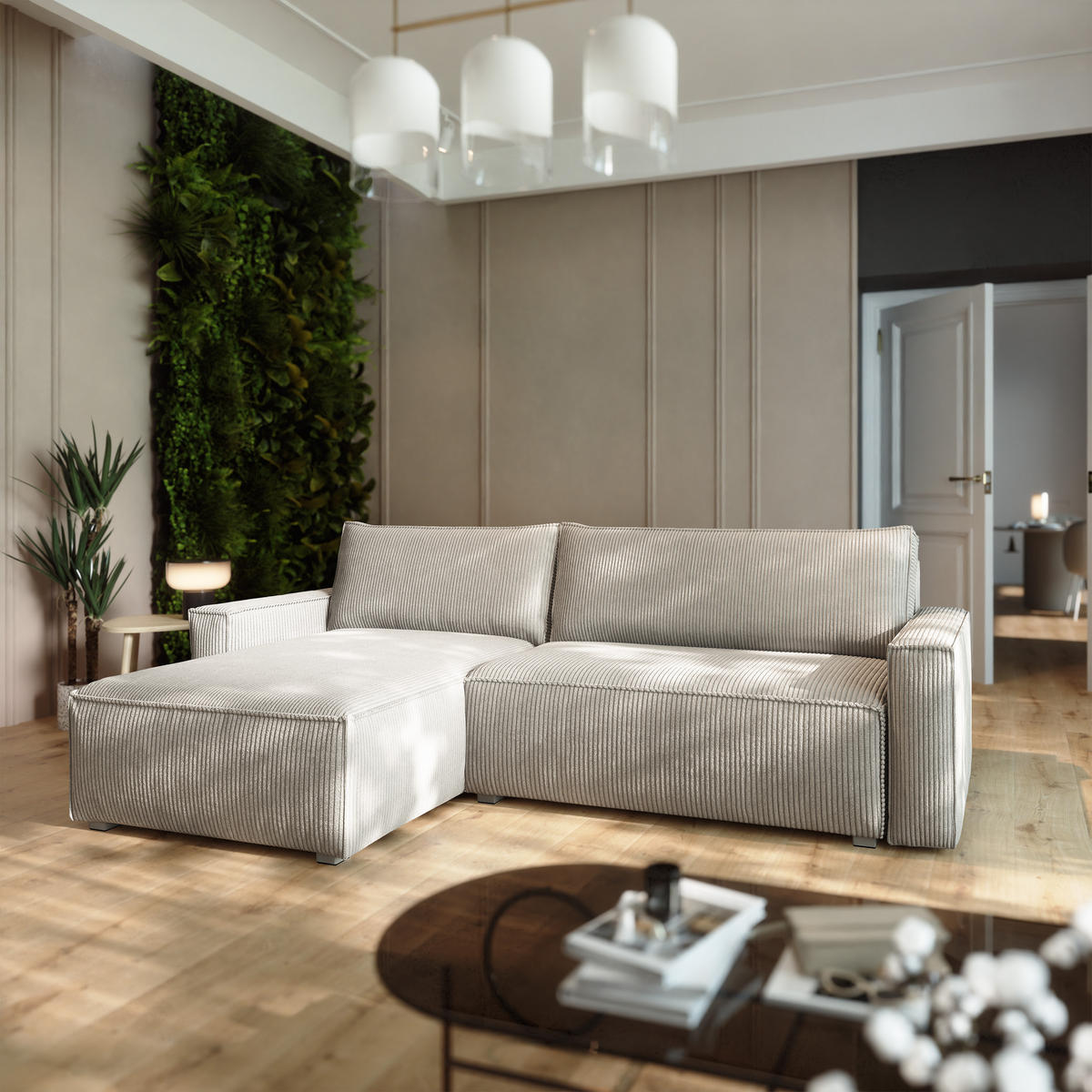 ECKSOFA BESMIR Creme Kordstoff mit Schlaffunktion - Creme, Holz (275/148cm) - MASSENO