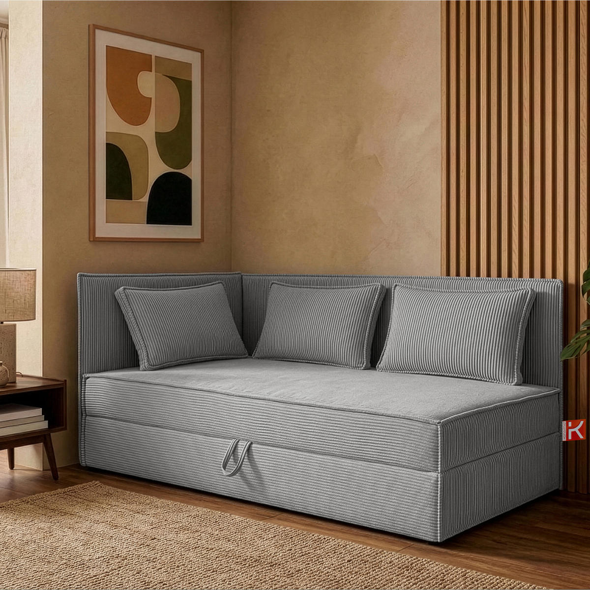 JUGENDBETT ROTI Einzelbett mit Bettkasten, 90x200cm, Bett mit Bonellmatratze, mit Rückenlehne - Hellgrau/Schwarz, Holz/Holzwerkstoff (92/200cm) - KONSIMO®