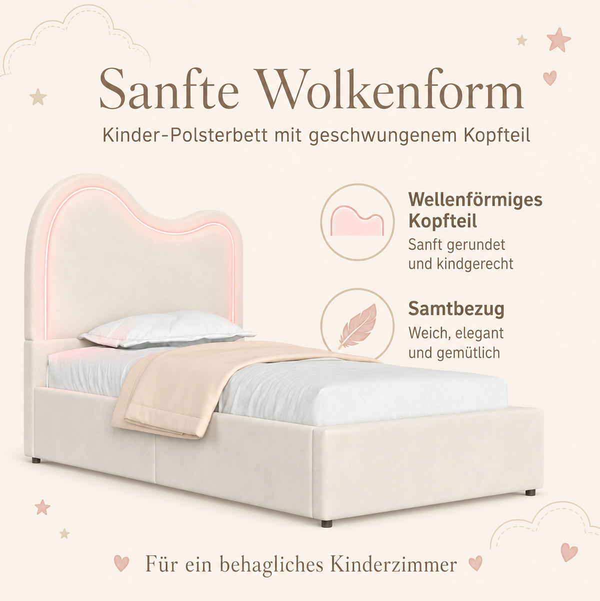 KINDER-POLSTERBETT aus Samt 90x200 cm Beige mit Bettkasten, LED-Beleuchtung und Lattenrost - Beige, Textil (90/200cm) - Modfu