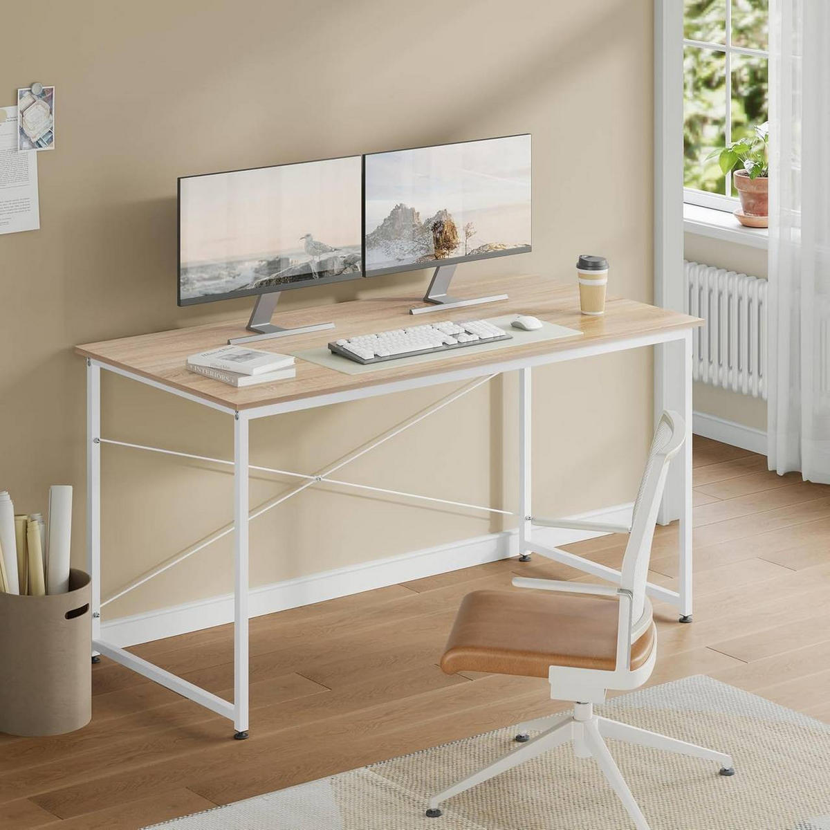 SCHREIBTISCH mit Metallgestell, 140x60x75 cm, Helle Eiche - Eichefarben/Schwarz, Holzwerkstoff/Metall (60/140/75cm) - Woltu