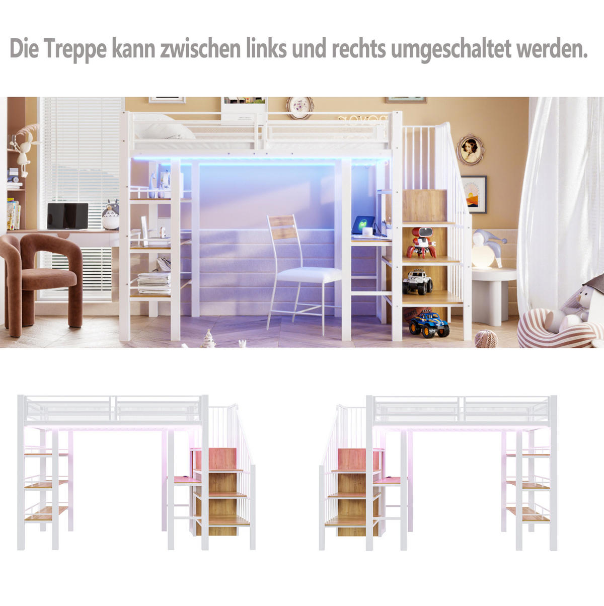HOCHBETT 90/200 cm aus Metall mit Schreibtisch, Regal und LED-Beleuchtung Weiß - Weiß, Metall (90/200cm) - Modenvie