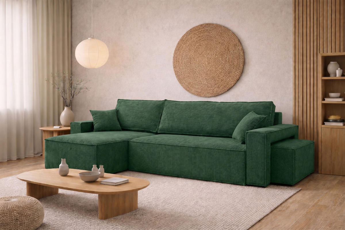 ECKSOFA Mit Schlaffunktion Und Pouf, Cordstoff Poso, Grün, Links, Best L Mit Pouf - Grün, Holz (244/145cm) - Kaiser Möbel