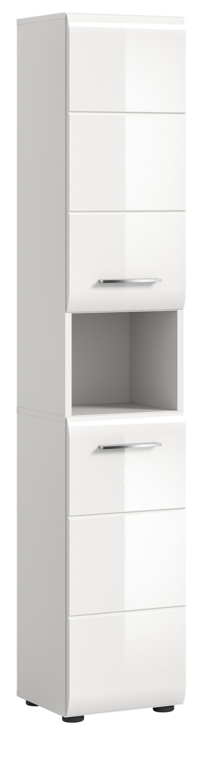 HOCHSCHRANK weiß Hochglanz, Badschrank 30 cm mit viel Stauraum - Weiß Hochglanz/Silberfarben, Holzwerkstoff/Kunststoff (30/185/30cm) - Inn.Furn