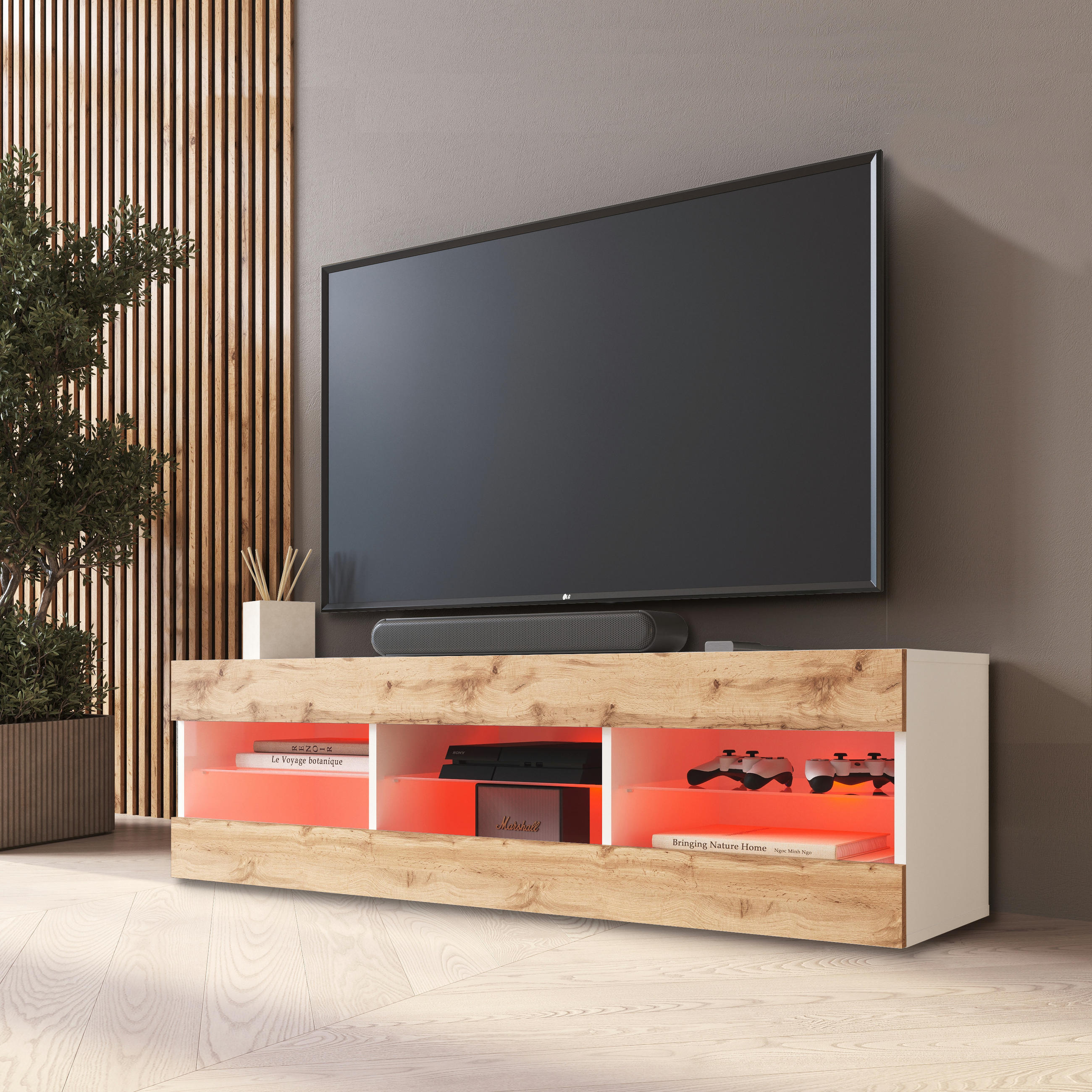 LOWBOARD TIVOLI RTV 140, Wotan, LED Mehrfarbige - Eiche Wotan/Weiß, Glas/Holzwerkstoff (140/40.5/35.5cm) - Komodee