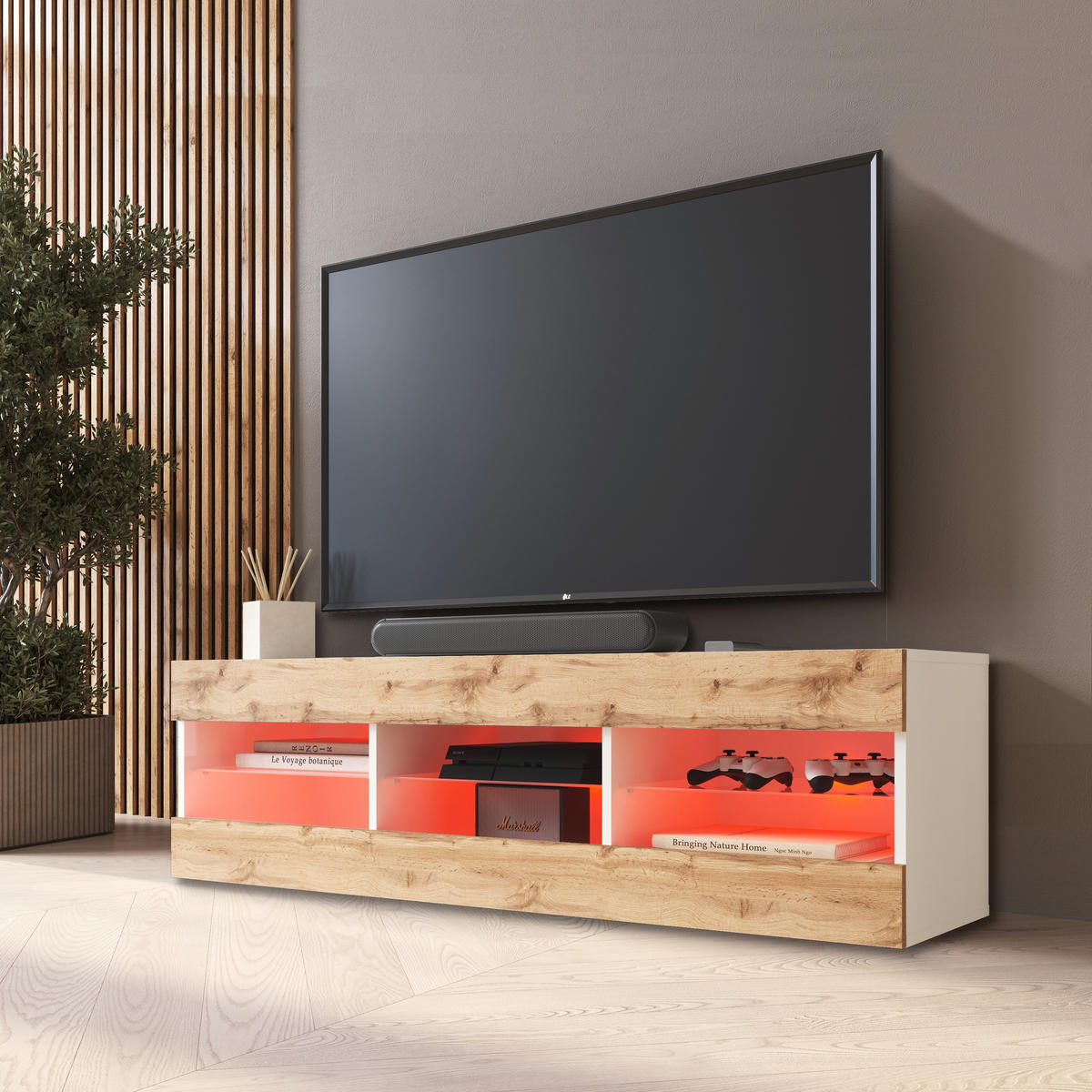 LOWBOARD TIVOLI RTV 140, Wotan, LED Mehrfarbige - Eiche Wotan/Weiß, Glas/Holzwerkstoff (140/40.5/35.5cm) - Komodee