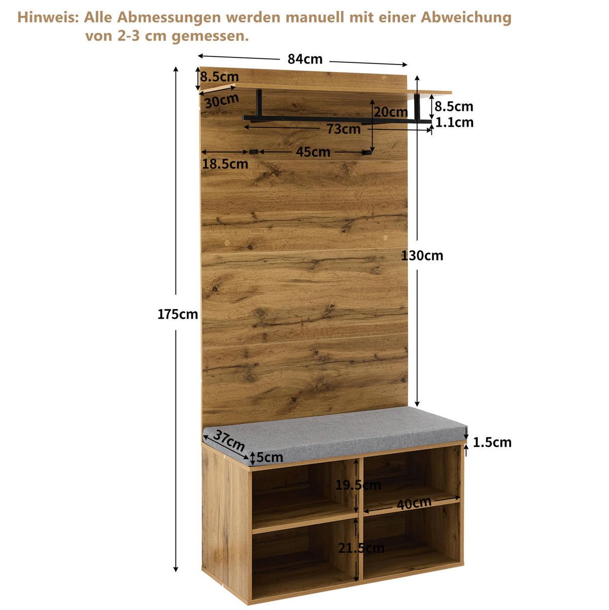 GARDEROBENSET 84/35/175 cm aus Spanplatte mit Schuhbank, verstellbarem Regal und Kleiderstange, Eichefarben - Eichefarben, Holzwerkstoff (84/175/35cm) - Redom