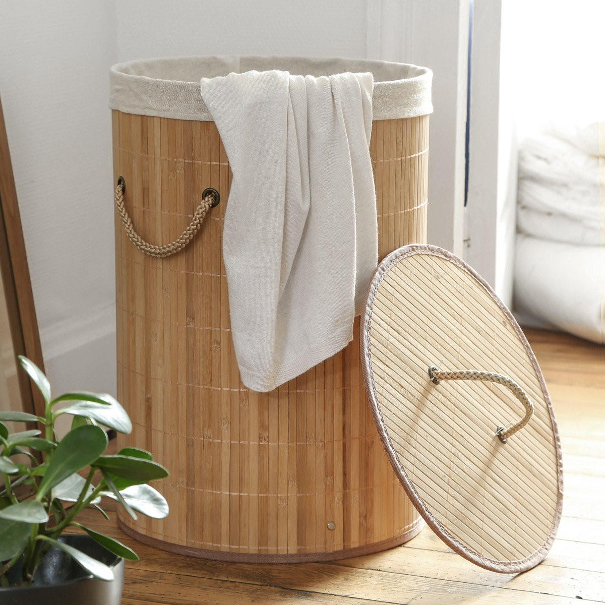 KULATÝ bambusový koš na prádlo, 60 l, výška 50 cm - YSA - jabloňová, dřevo (40/50/40cm) - Calicosy