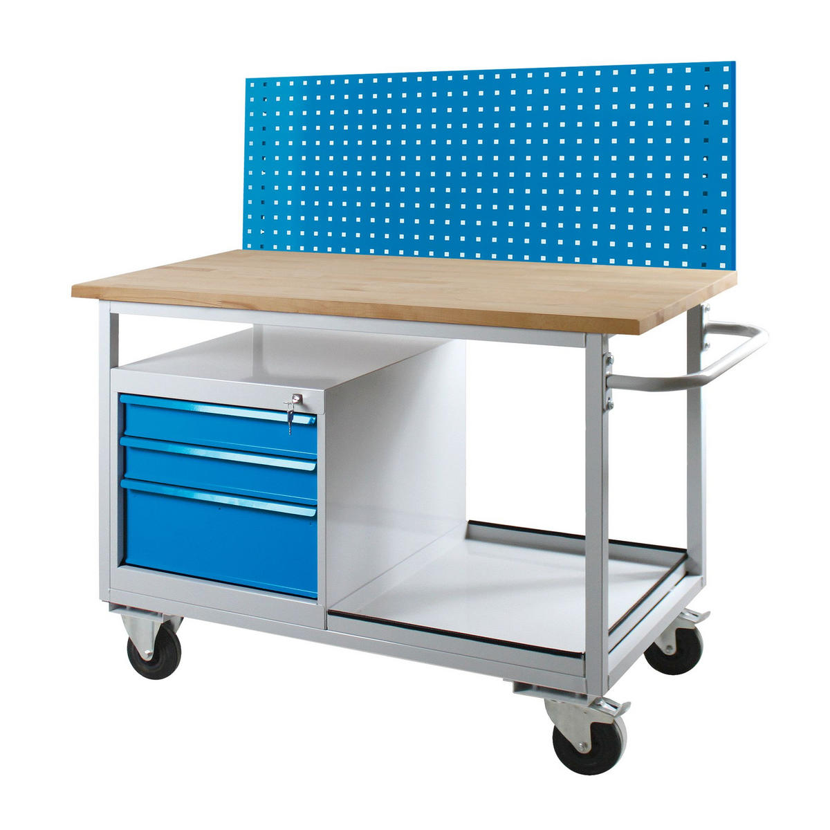 WERKBANK mobil Light Rhino mit Ablagefach, 3 Schubladen & Lochplatte 131x130x60cm 2 Lenkrollen Traglast 300kg Lichtgrau/Lichtblau - Blau, Holz (130/131/60cm) - PROREGAL