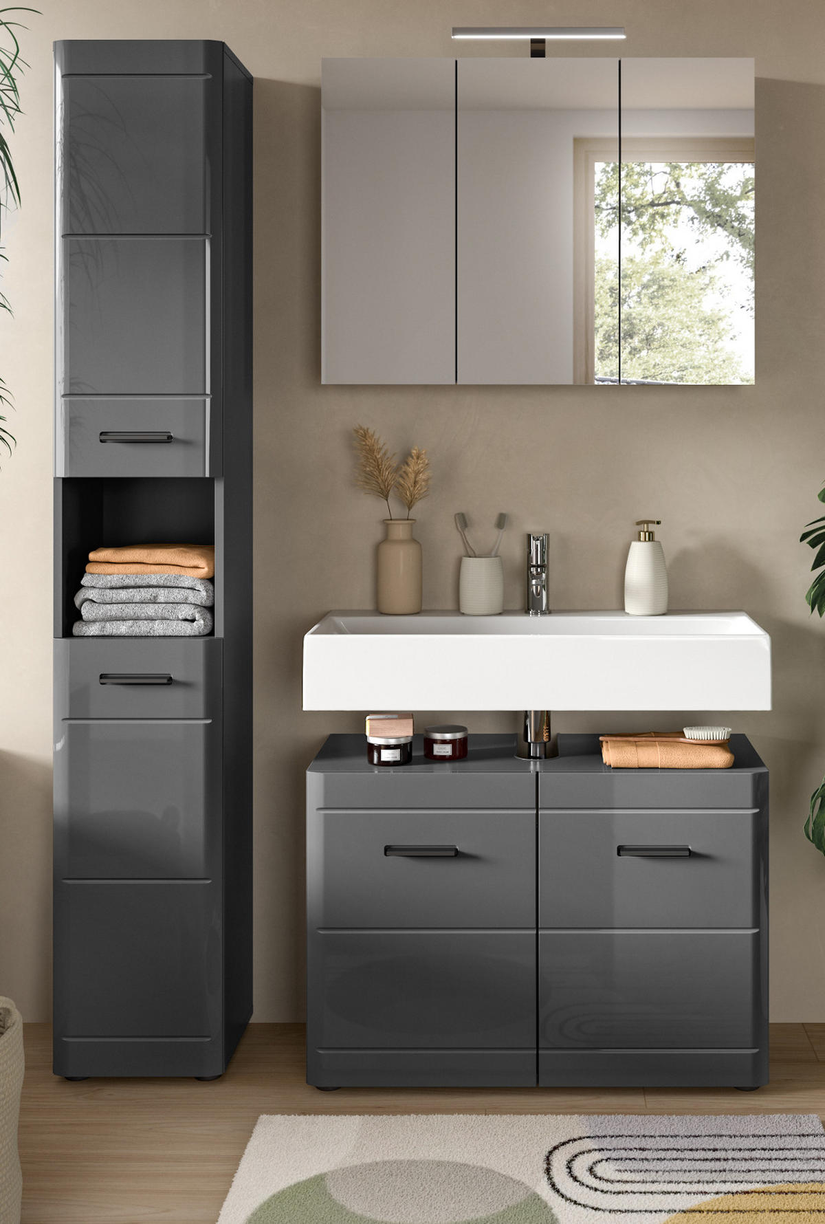 BADMÖBEL-SET grau Hochglanz 125 cm, Komplettset mit Soft-Close - Grau, Glas/Holzwerkstoff (125/190/34cm) - Inn.Furn