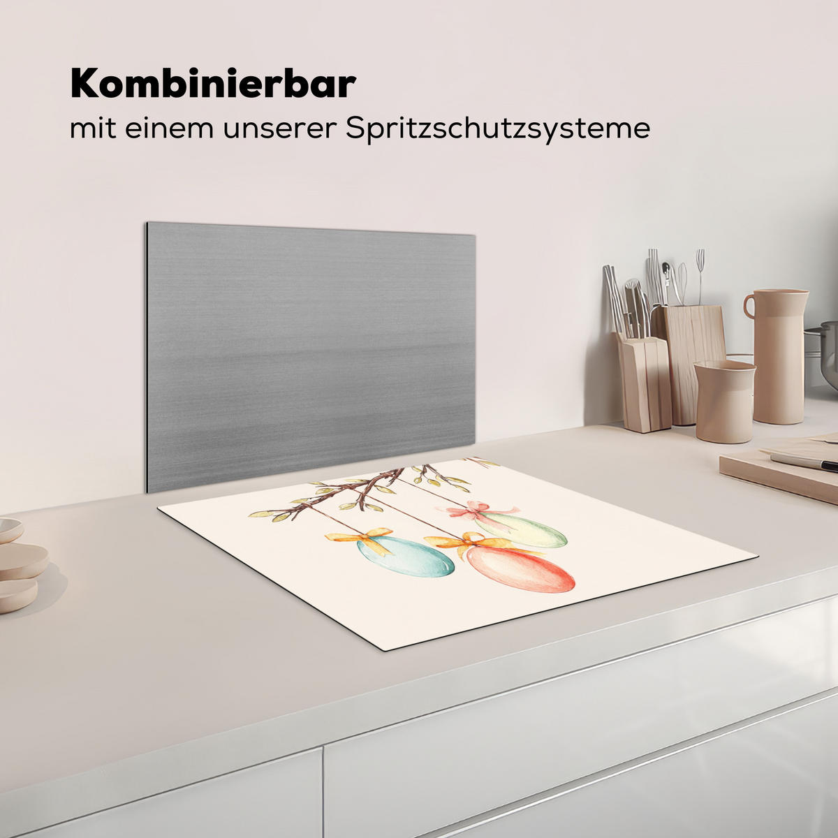 HERDABDECKPLATTE Osterkuchen - Schleife - Eier Ceranfeldabdeckung 59x52 cm - Creme, Kunststoff (59/52/0.2cm) - MuchoWow