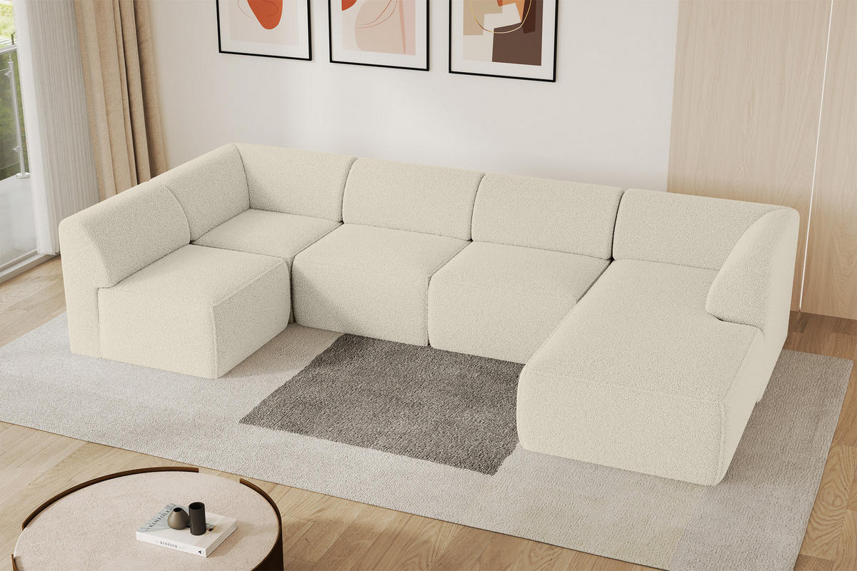 WOHNLANDSCHAFT Ottomane Rechts MOVO-L 345x180x78 cm Beige Bouclé - Hellbraun, Holzwerkstoff/Kunststoff (180/78/345cm) - ALTDECOR