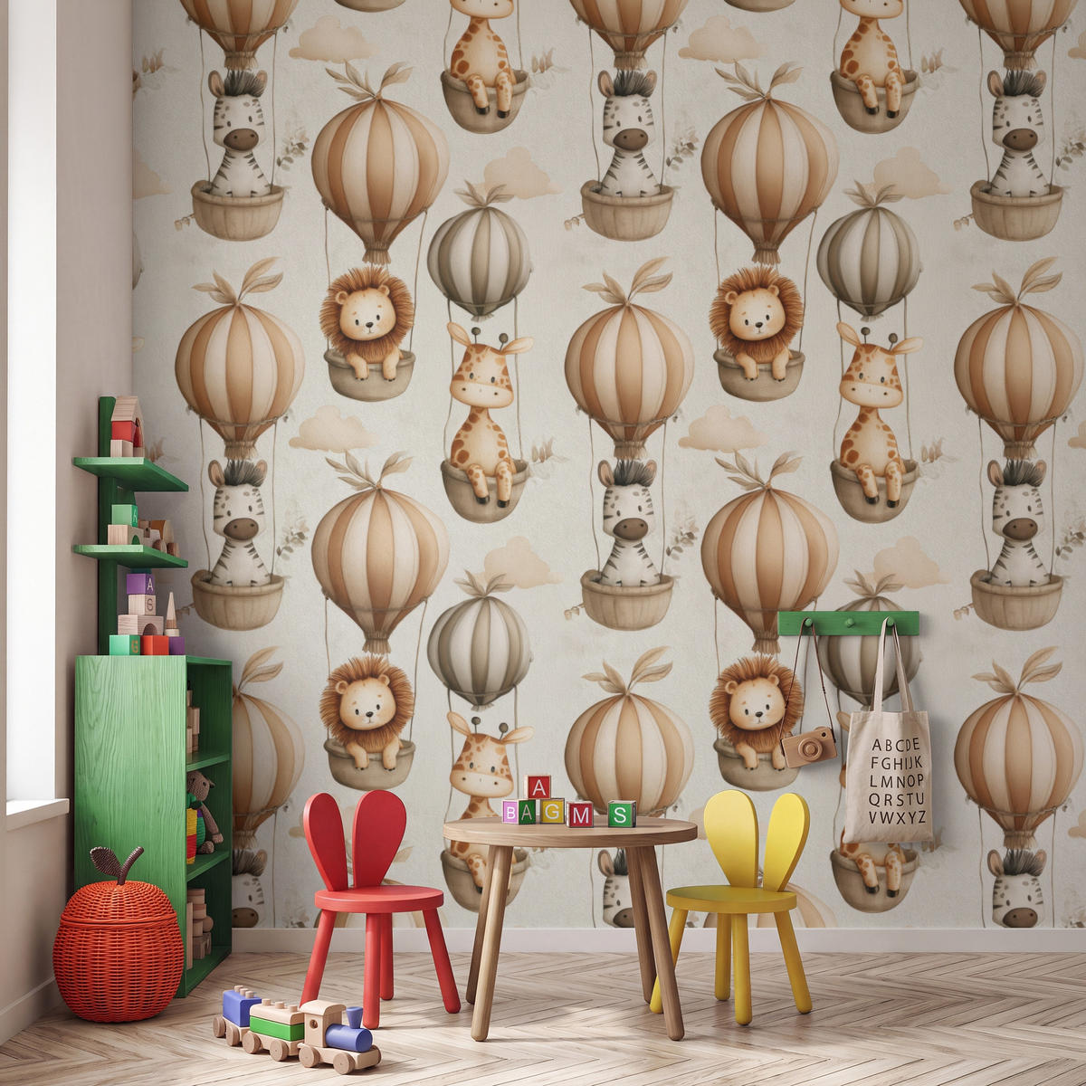 KINDERTAPETE - Safari - Heißluftballons - Taupe - 300x300 cm - Beige, Papier (300/300cm) - OnlyWow