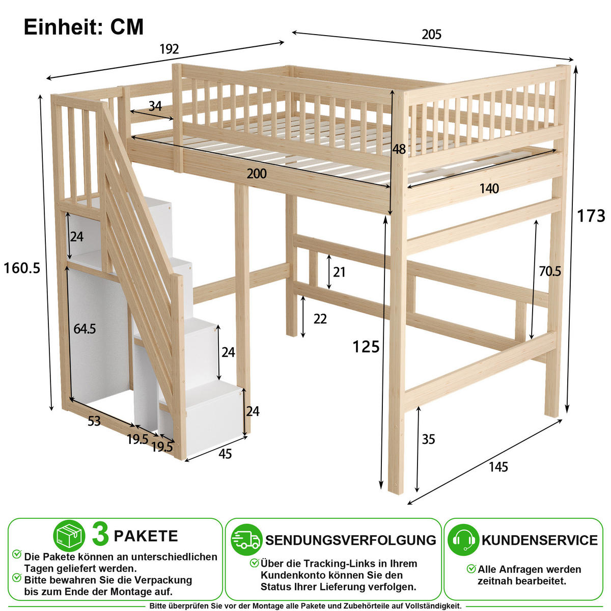 HOCHBETT 140/200 cm in Natur mit Treppe und Stauraum Massivholz - Naturfarben, Holz/Holzwerkstoff (140/200cm) - CHICFURN