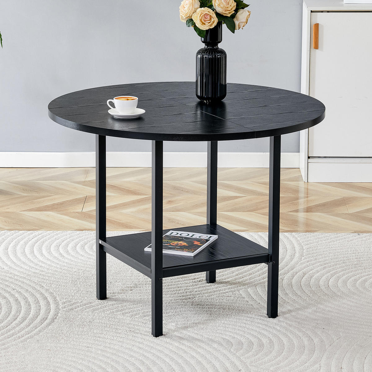 ESSTISCH 100/100/77 cm Schwarz aus MDF und Metall mit Stauraumregal - Schwarz, Holzwerkstoff (100/100/77cm) - OKMYHOME