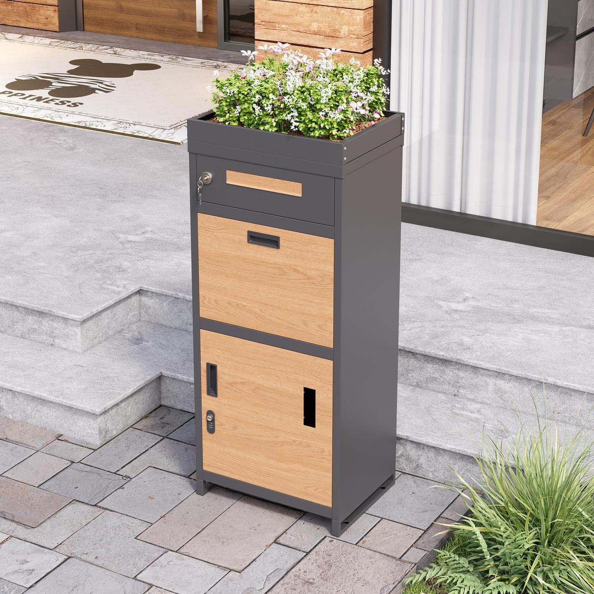 PAKETBRIEFKASTEN abschließbar Pflanzkasten integriert - Grau, Metall (50/118.5/37cm) - Fortuna Lai