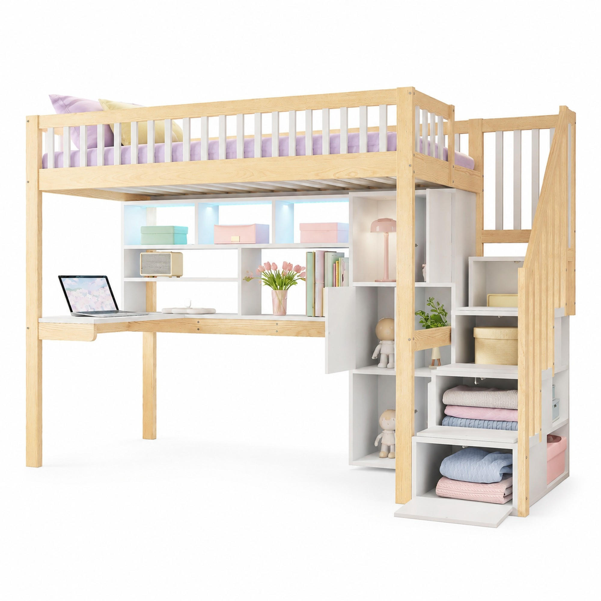 HOCHBETT 90/200 mit LED, Schreibtisch, Regalen und Ablageleiter in Weiß+Natur - Naturfarben, Holz (90/200cm) - EVRYAE