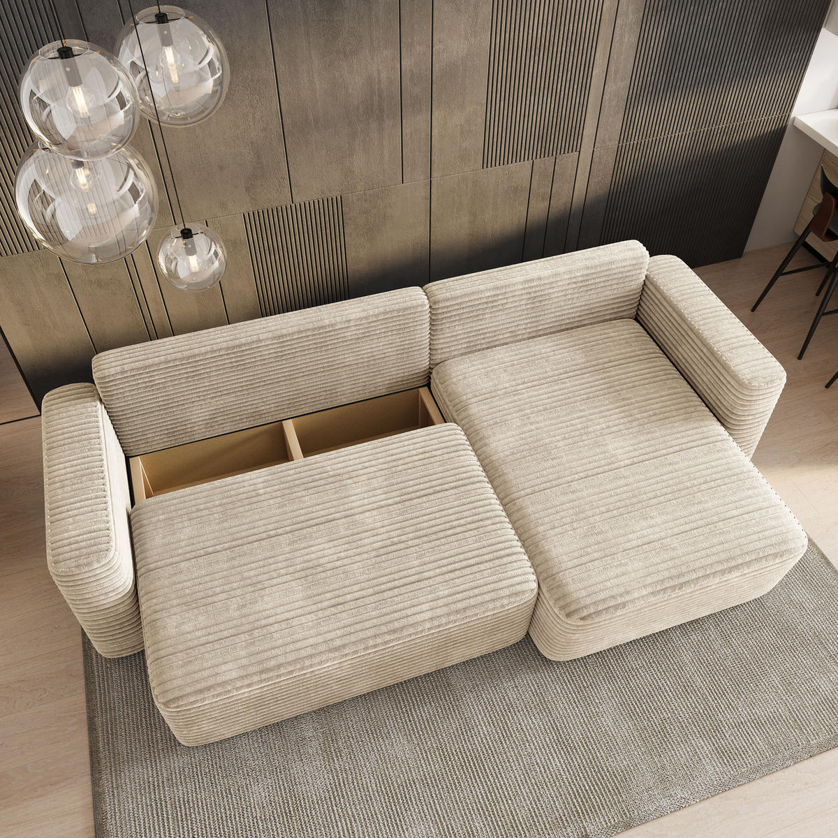 ECKSOFA TELIN Creme Kordstoff mit Schlaffunktion - Creme, Holz (280/162cm) - MASSENO