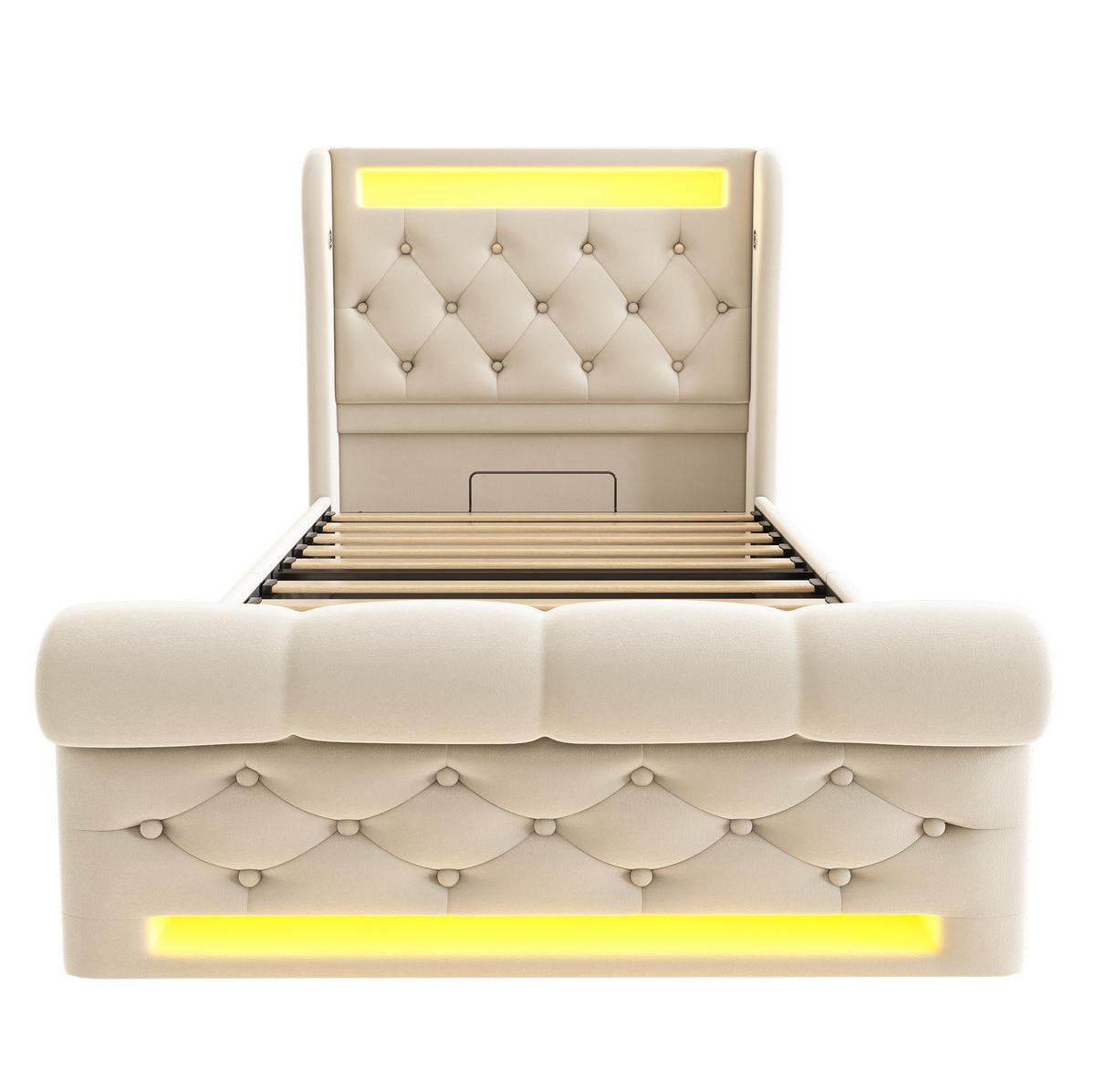 POLSTERBETT aus Samt 90x200 cm Beige mit LED-Beleuchtung, USB- und USB-C-Anschlüssen, hydraulischem Bettkasten - Beige, Textil (90/200cm) - IVMEU