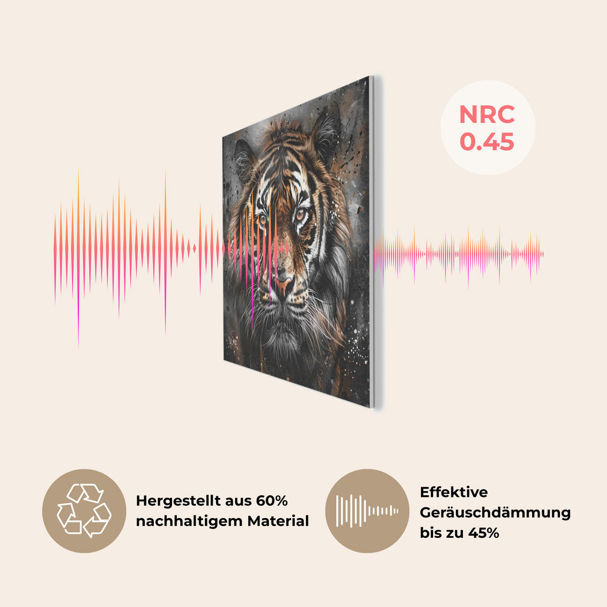 AKUSTIKBILD Tiger - Tiere - Porträt - Luxus - Schwarz Akustikpaneele 80x80 cm - Braun, Kunststoff (80/80/0.9cm) - MuchoWow