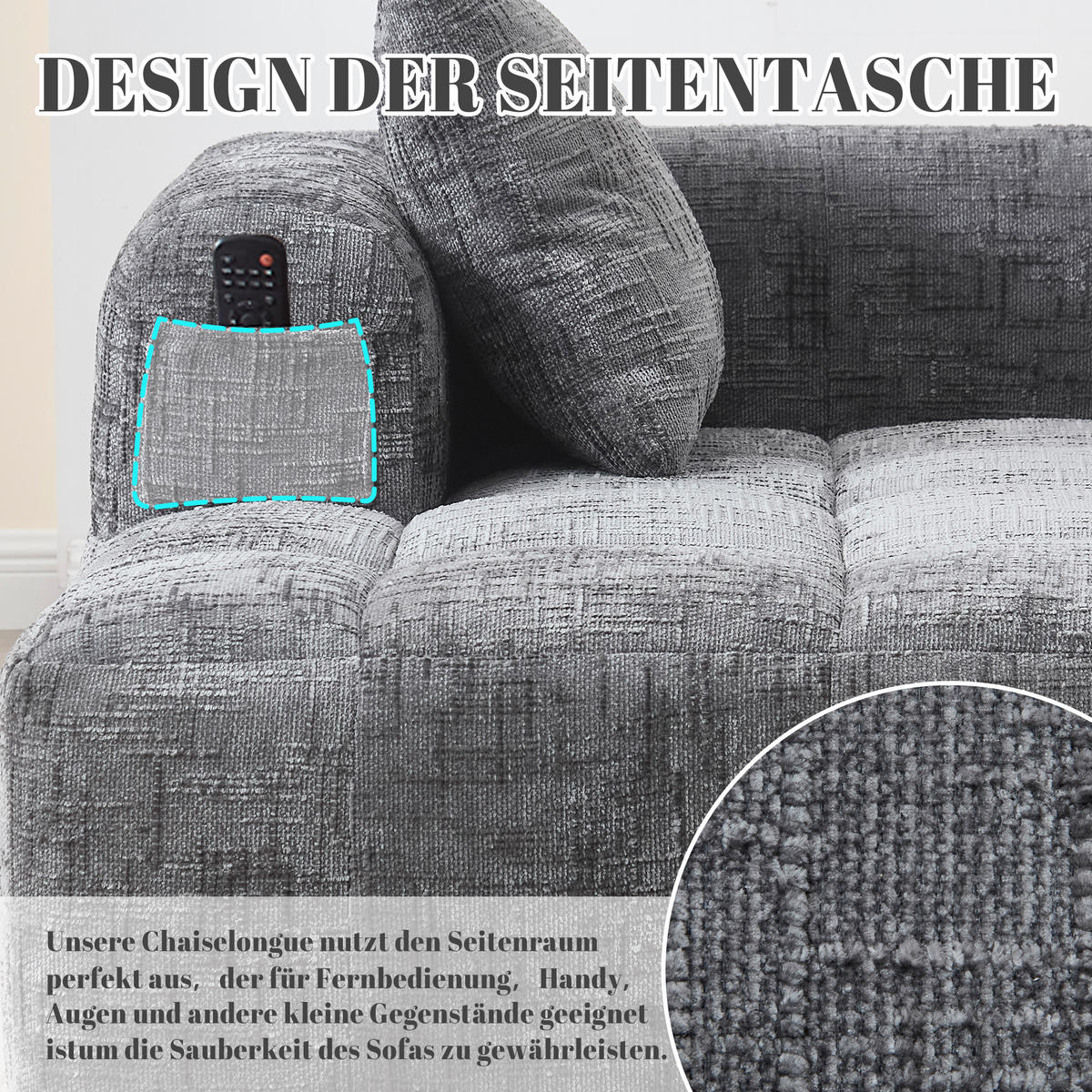 CHAISELONGUE Sofa Chenille mit Seitentaschen und Kissen 158/90/60 cm Grau - Grau, Textil (60/158/90cm) - Redom