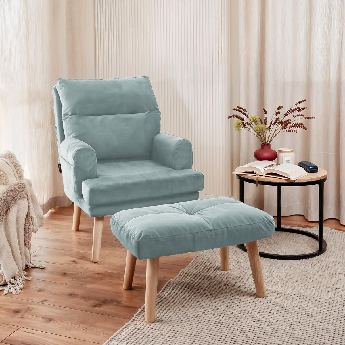 RELAXSESSEL NEMO mit Hocker und Holzfüßen - Blau, Holz (65/95/65cm) - Idohome