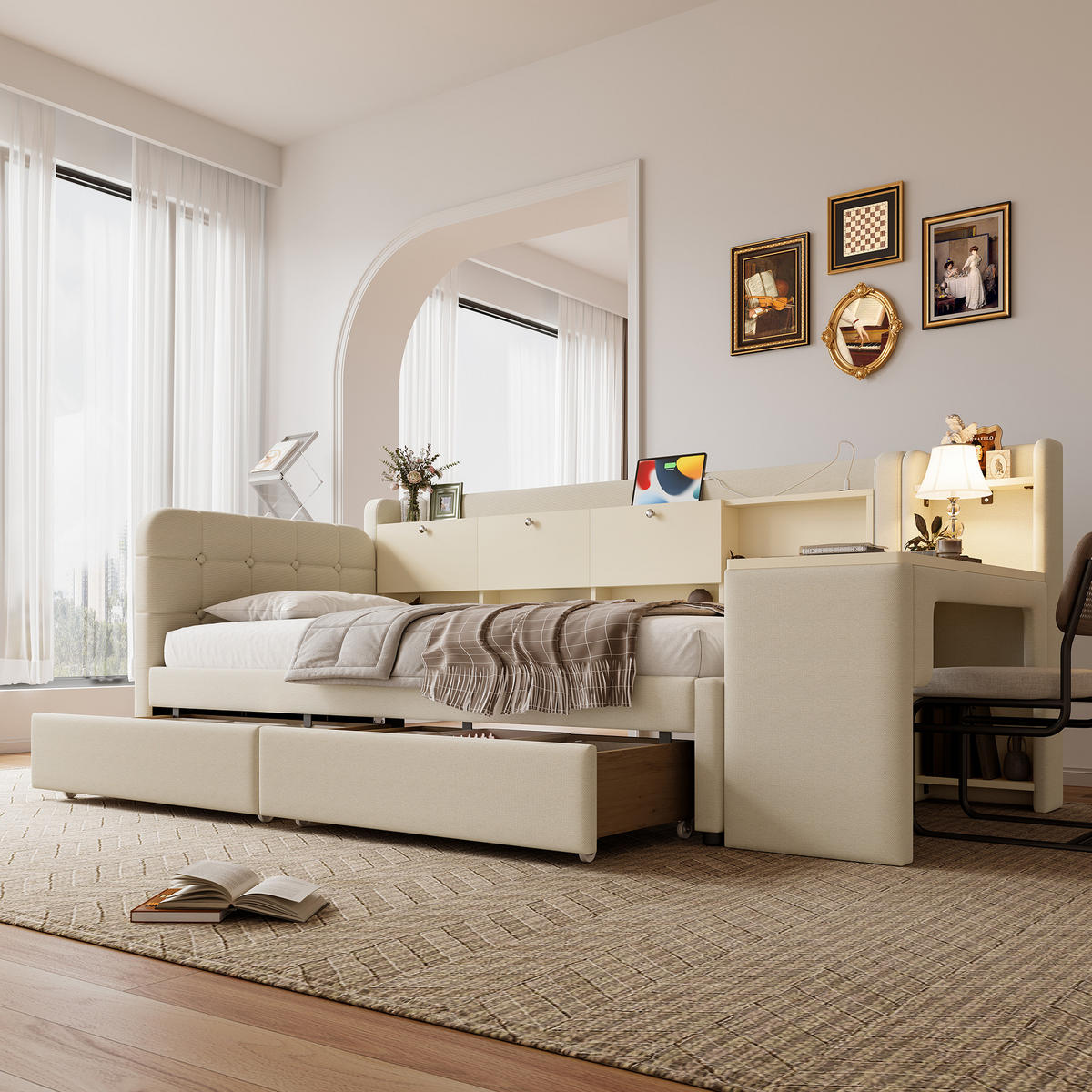 TAGEBETT 90x200cm Beige Leinen 2 Schubladen Schreibtisch USB-C - Beige, Holz (90/200cm) - FLIEKS