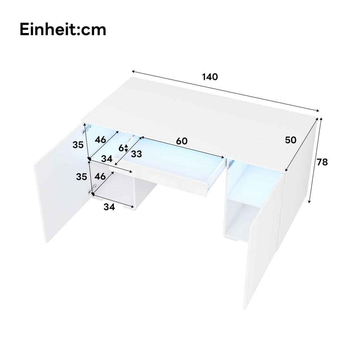 SCHREIBTISCH Weiß Hochglanz 140/50/78 cm mit LED-Beleuchtung und Schublade - Weiß, Holzwerkstoff (50/140/78cm) - PANGIVO