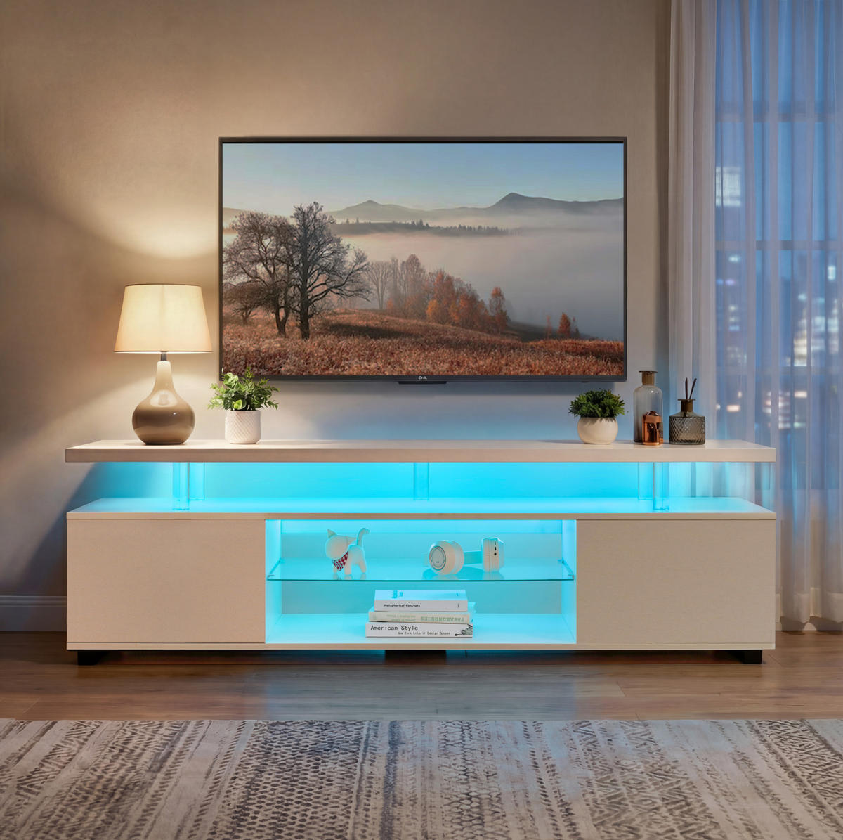 TV-LOWBOARD mit LED-Beleuchtung, offenem Fach und 3 Stauraumfächern, modernes Design, Weiß - Weiß, Holzwerkstoff (130/48/40cm) - Redom