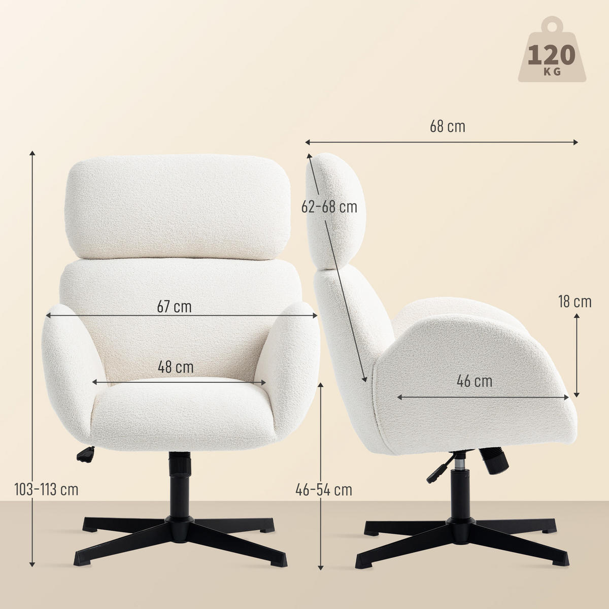 BÜROSTUHL DE-05191 Samtoptik, Stahlbasis & höhenverstellbar Cremeweiß - Creme, Metall (67/113/68cm) - ComfortXL
