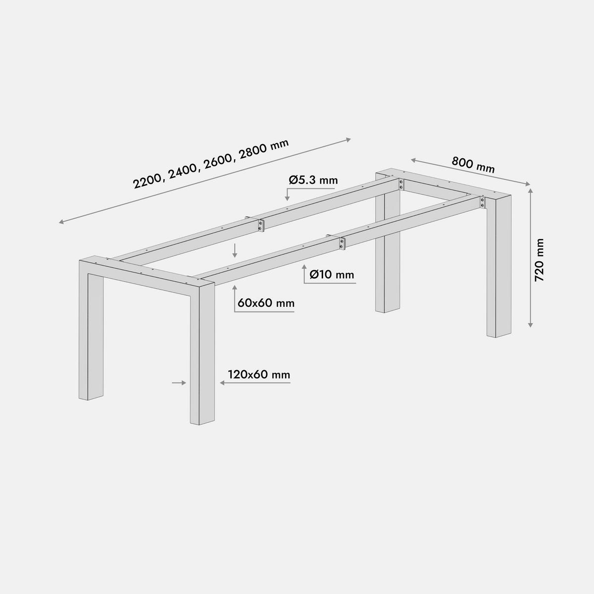 TISCHBEINE Etamin Extreme Schwarz Metall 240/80/72 cm - Schwarz, Metall (80/72/240cm) - Metalo Pro