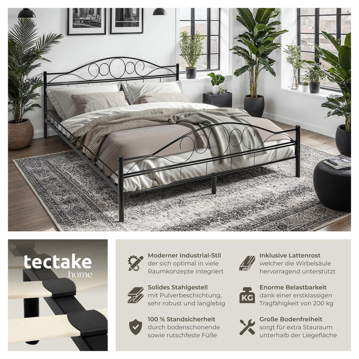 METALLBETT Sonno,180 x 200 cm,schwarz/schwarz - Schwarz, Metall - tectake